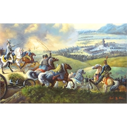  The Battle of Waterloo, 20th century oil on panel signed by Claude Du Bois 59cm x 89cm in ornate gilt frame  