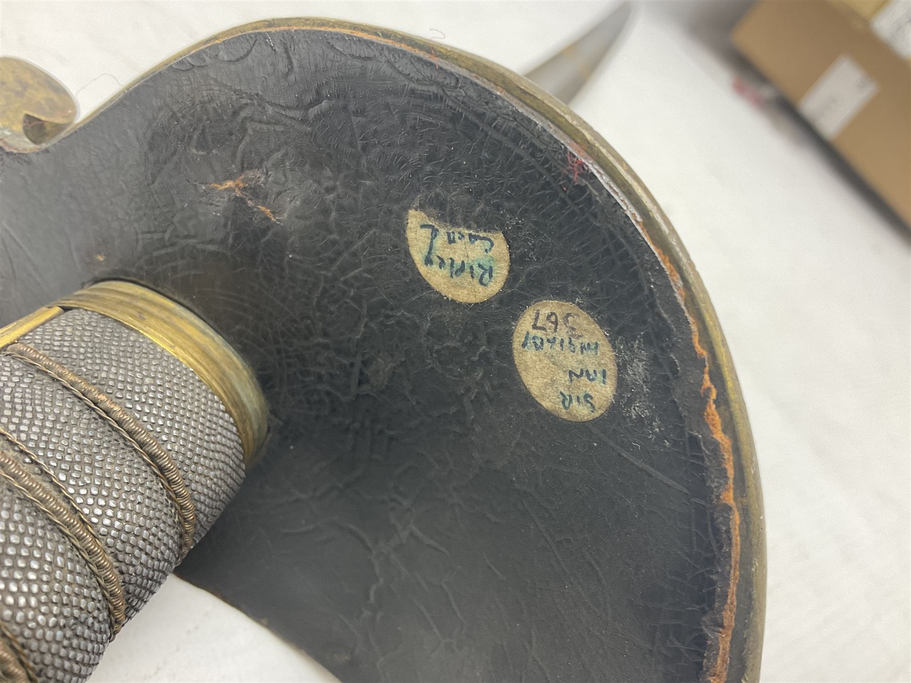 Victorian British Army officer's sword by Hobson & Sons Little Windmill Street London, the 82cm fullered steel blade etched with crowned Victoria cypher and 'HM 1st West York R.V.', lined gilded brass three-bar hilt incorporating Victoria cypher and wire-bound fish skin grip with plaited knot; in steel scabbard with two hanging rings L99cm overall