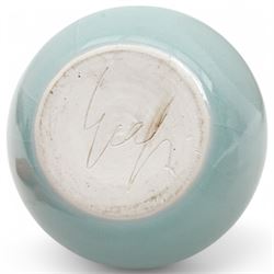 Poh Chap Yeap (Chinese/British 1927-2007); celadon glazed plate and solifleur vase, the plate decorated with a branch of cherry blossom, incised signature to bases, plate D29cm, vase H11cm (2)