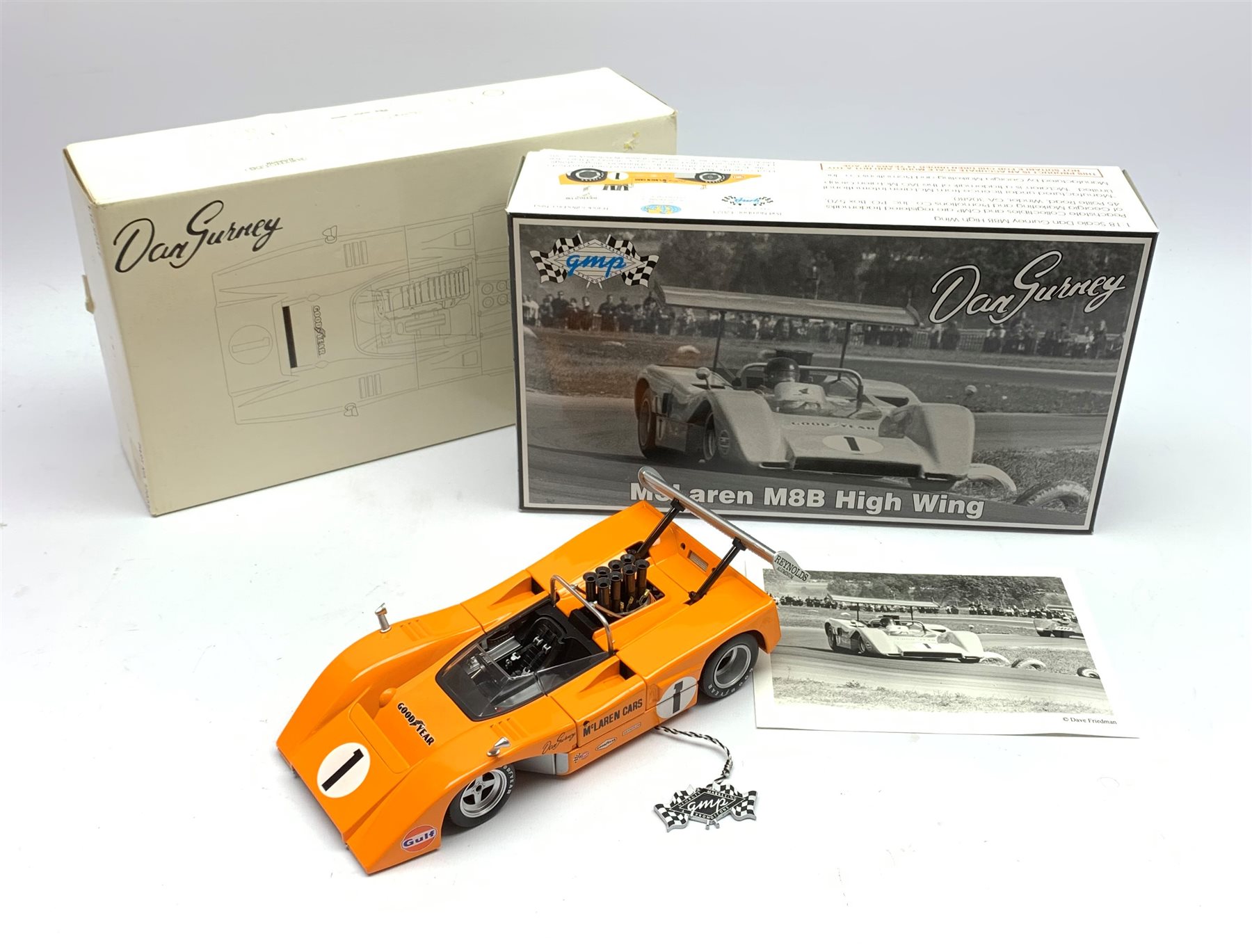 Georgia Marketing Promotions - 1: 18 scale Dan Gurney die-cast model of McLaren M8B High Wing racing car, boxed with photograph and outer packaging