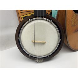 W.D. Keech banjolele pat.219720/23 with etched signature to the back; serial no.A12082 L55cm; and a restored Italian mandolin with segmented lute back; together with three music books