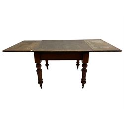 Victorian pine and walnut dining table, drawer leaf extending pine top, on walnut base with turned supports