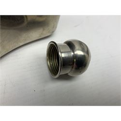 Silver plated glass and pressed leather hip flask, with swivel cap and removable cup, together with a similar oval example, engraved with wreath and initial B, tallest H16.5cm