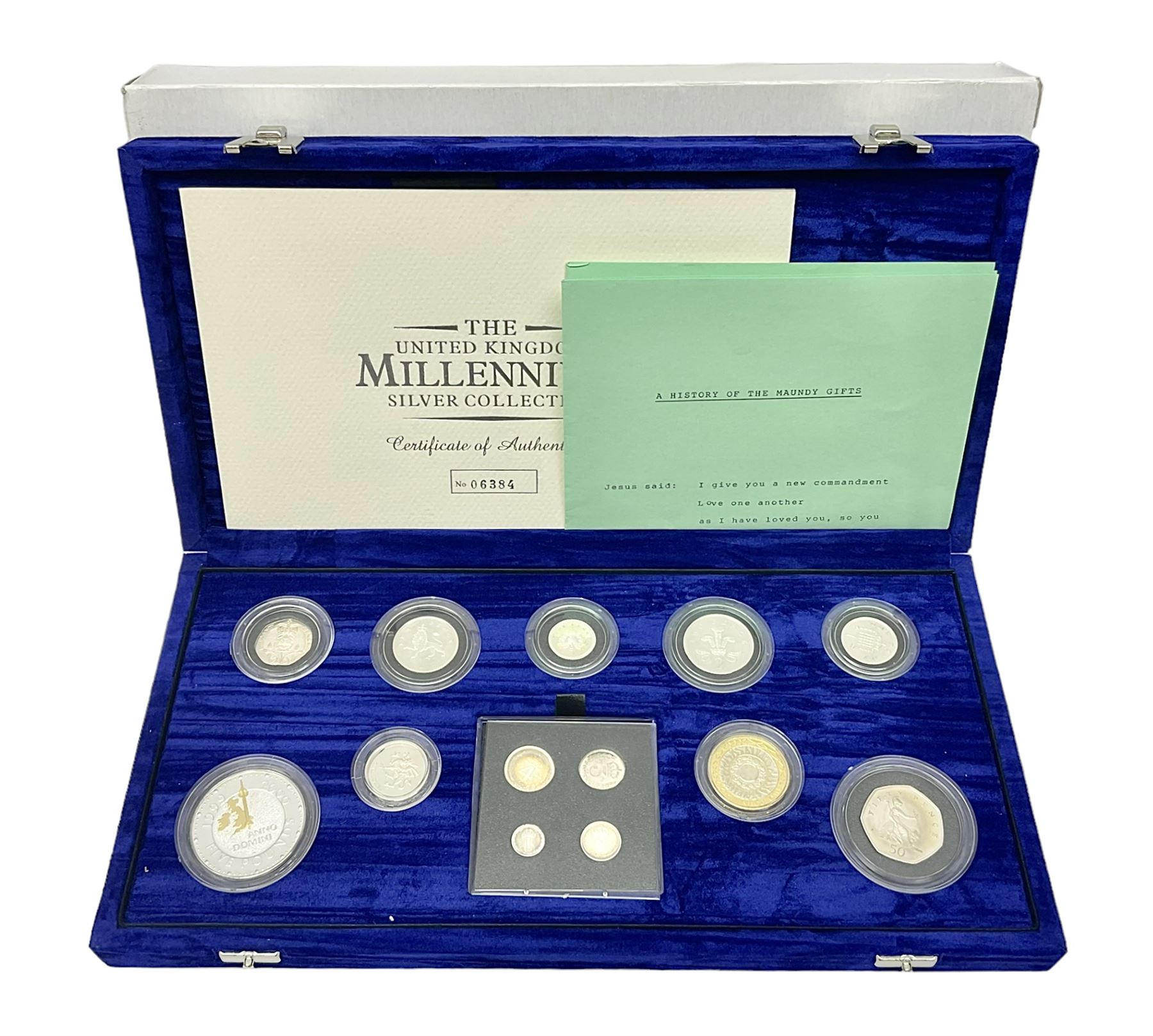 The Royal Mint United Kingdom 2000 silver proof Millennium coin collection, including Maundy coins, number 6384, cased with certificate 