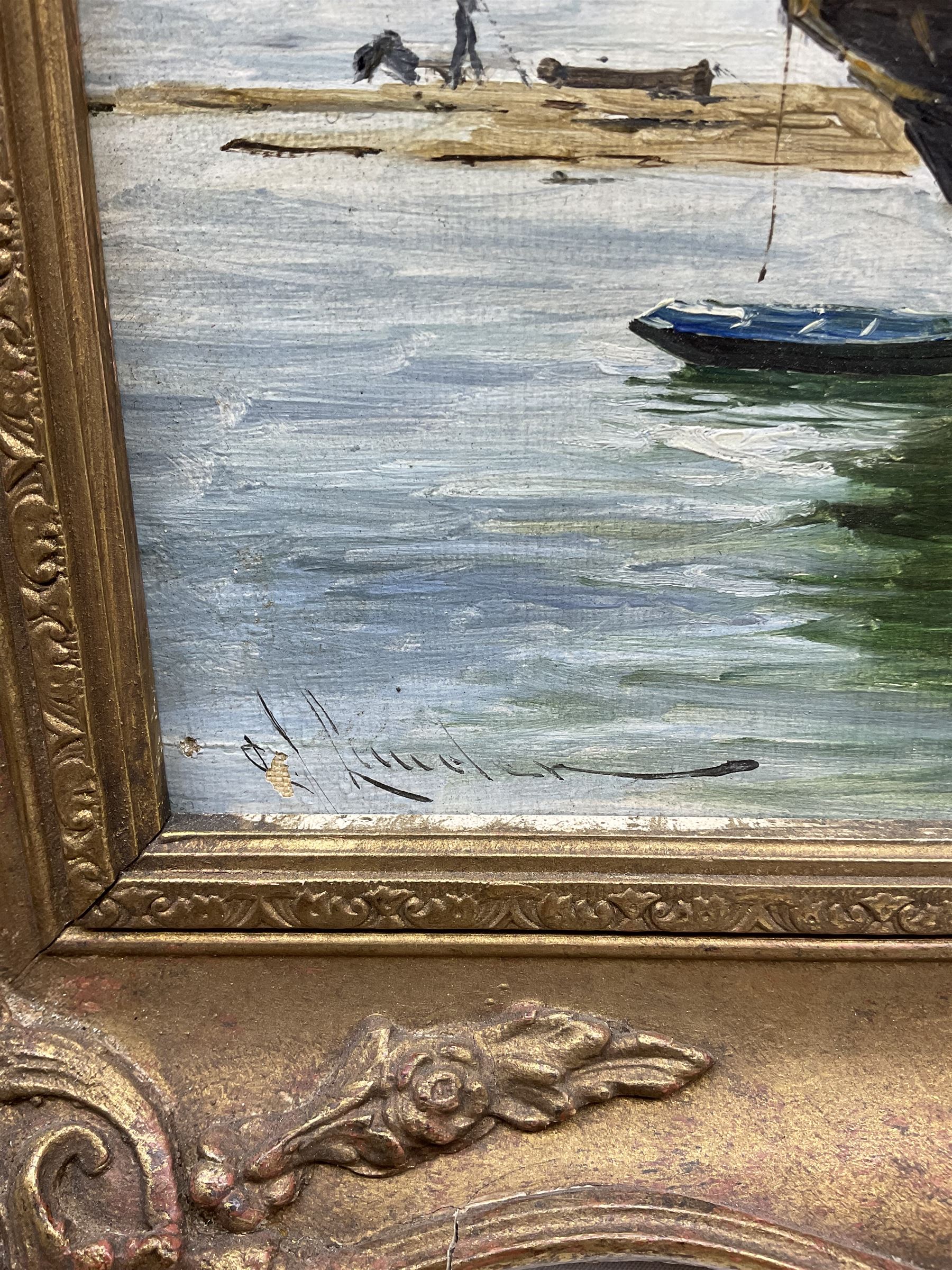 Charles James Lauder (Scottish 1841-1920): Tall Ship at the Quayside, oil on canvas laid on to board signed 34cm x 23cm