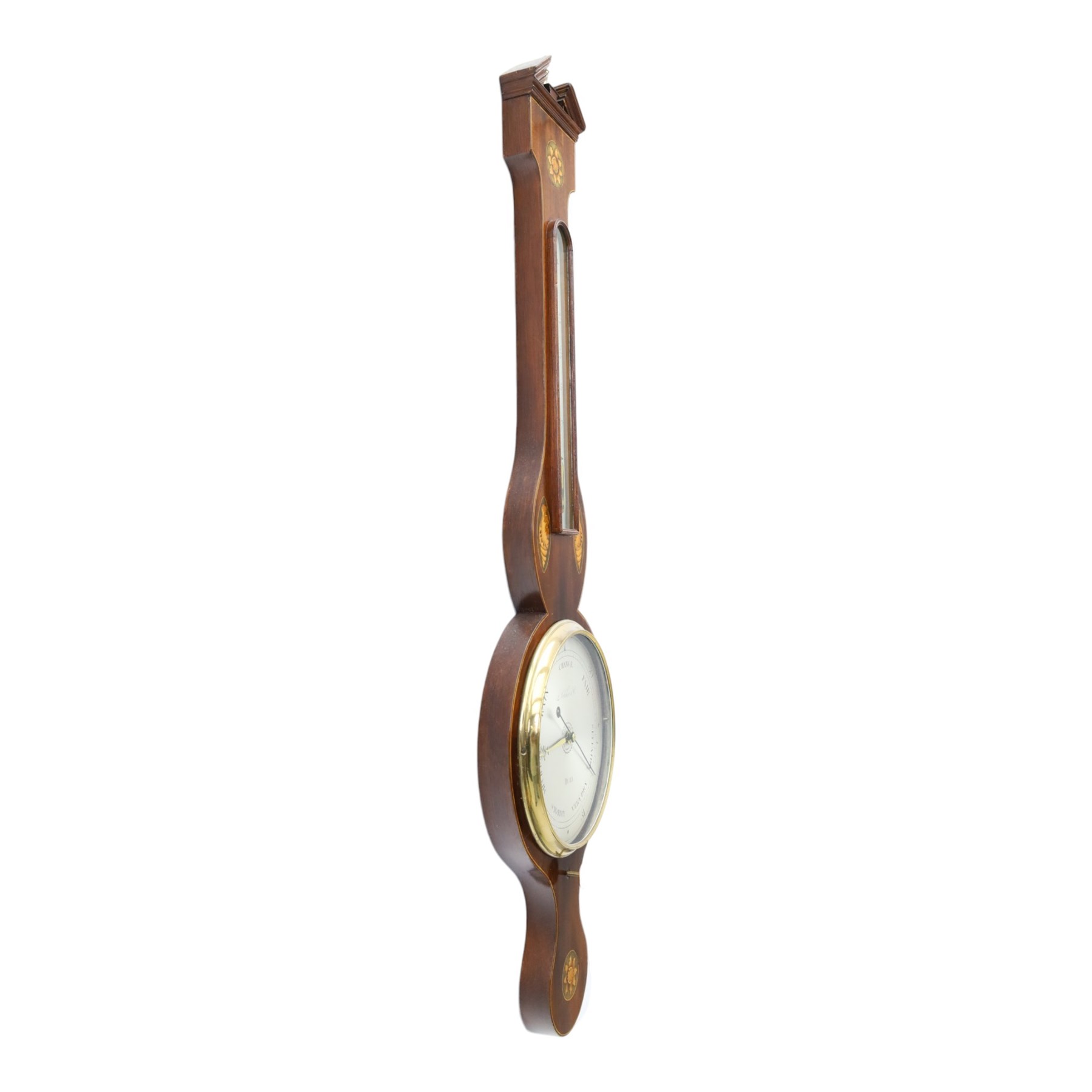 L. Solcha & Co. of Hull - 19th century Sheraton Revival mahogany wheel barometer, the swan neck pediment above a floral inlaid medallion and thermometer, with further shell inlay flanking the stem, the circular silvered dial above a shaped terminal, H 99cm