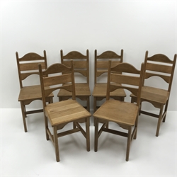 Set six oak shaped ladder back dining chairs, solid seat, square supports, W43cm