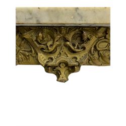Mid to late 20th century side table, white marble top on gilt base decorated with scrolled foliate and central cartouche, turned and fluted supports