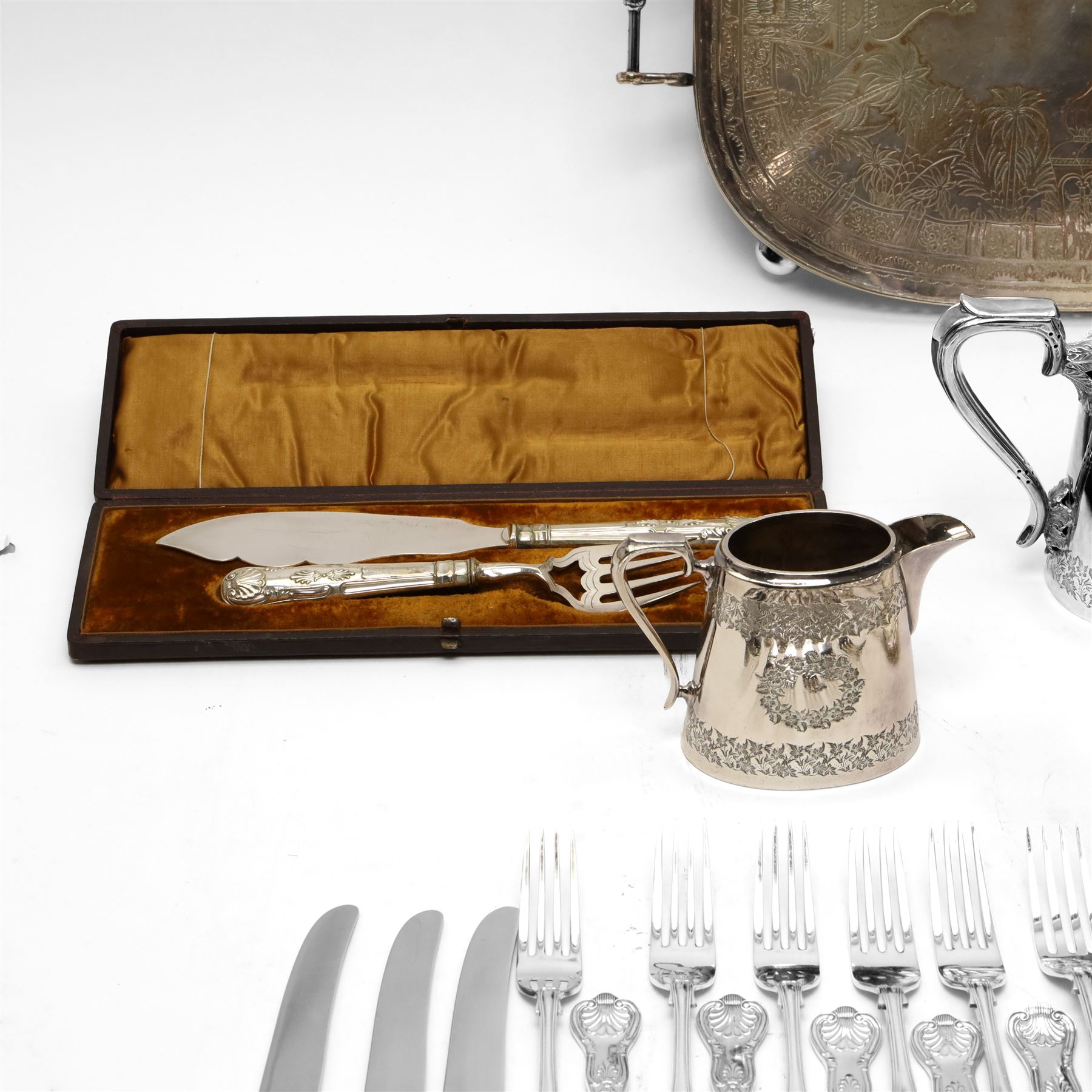 Quantity of Kings pattern plated cutlery, Walker & Hall plated three piece tea set, three silver handles knives etc