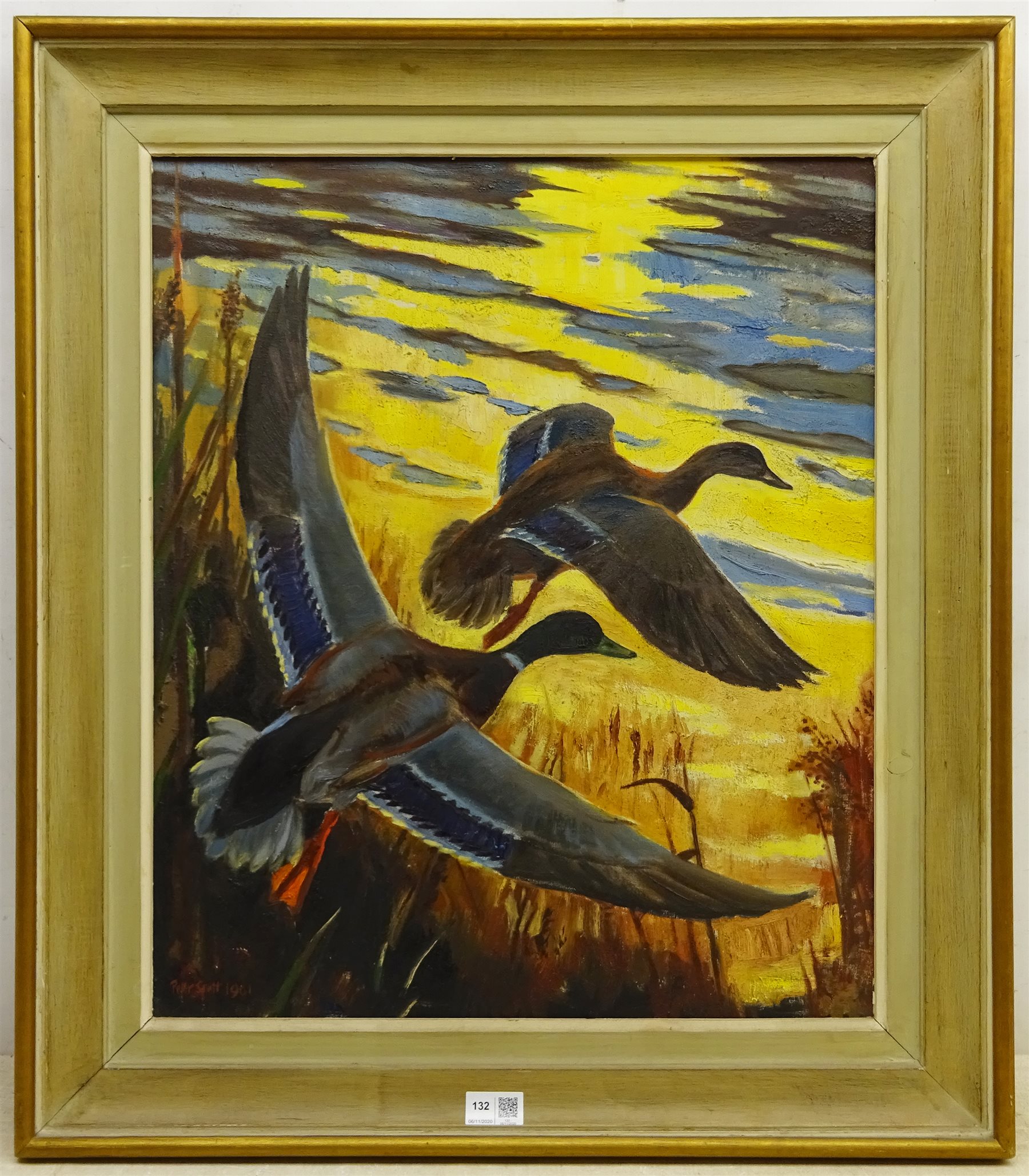 Sir Peter Markham Scott (British 1909-1989): Mallards Rising from Reeds at Sunrise, oil on canvas signed and dated 1961, 59cm x 49cm
Provenance: with Arthur Ackermann and Son Ltd, Old Bond St. London, label verso  

