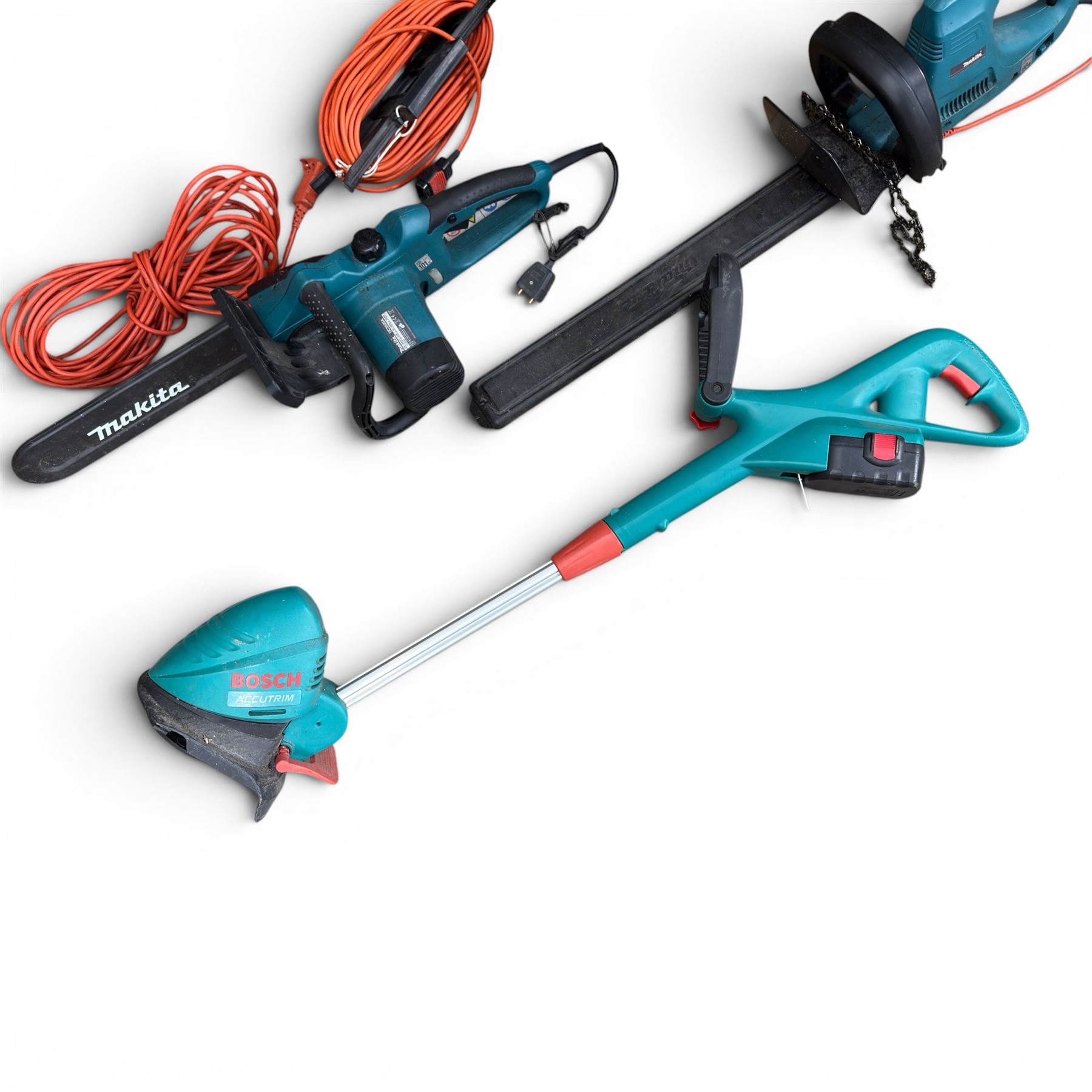 Makita UC2520A electric chainsaw, DeWalt cordless drill and various other tools