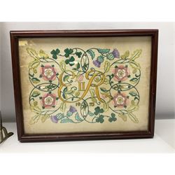 Two 1950s tapestries, the framed example celebrating the 1953 coronation, the second converted into a fire screen depicting a floral display, firescreen H70cm (2)