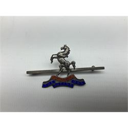 Royal West Kent regiment 9ct gold and enamel sweetheart brooch; The Queens Own regiment silver and enamel sweetheart brooch; and another sweetheart brooch for the Royal West Kent regiment (3)