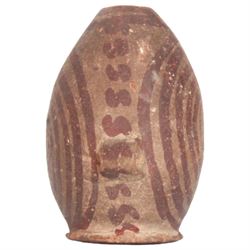 Miniature Egyptian pottery double-bodied jar, Predynastic Period, the two conjoined jars of ovoid form, each with pierced lug handle, and painted with spirals, tapering to flat bases, bearing Sotheby's label, H6cm W10cm
