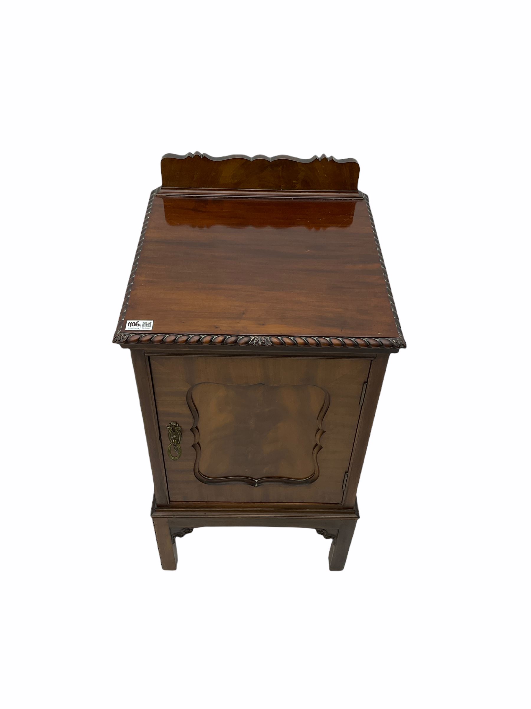 Early 20th century mahogany bedroom suite - dressing table (W122cm, H161cm, D56cm), chest (W107cm, H125cm, D51cm), and bedside cupboard (W44cm, H80cm, D44cm)
