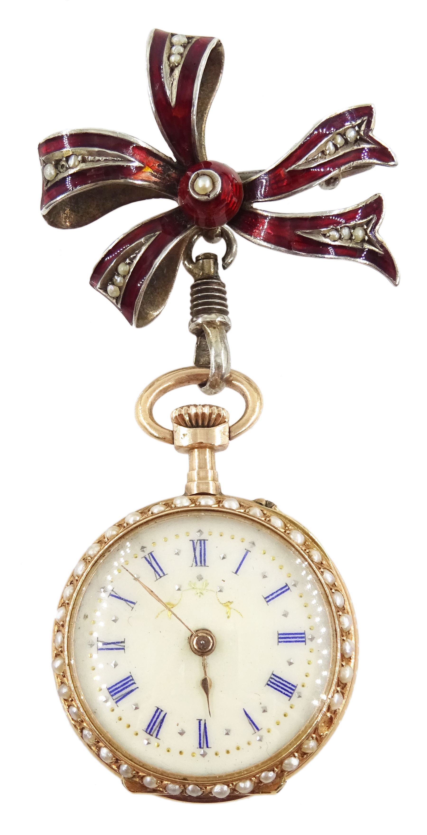 Swiss 14ct gold open face keyless cylinder ladies fob watch, white enamel dial with Roman numerals, guilloche red enamel decorated with Fleur de Lys and split seed pearl surround, case No. 285674 with Swiss export hallmarks and engraved horse, with German silver red enamel and split pearl bow attachment stamped 800, in personalised silk lined case by J.C Vickery, Regent street