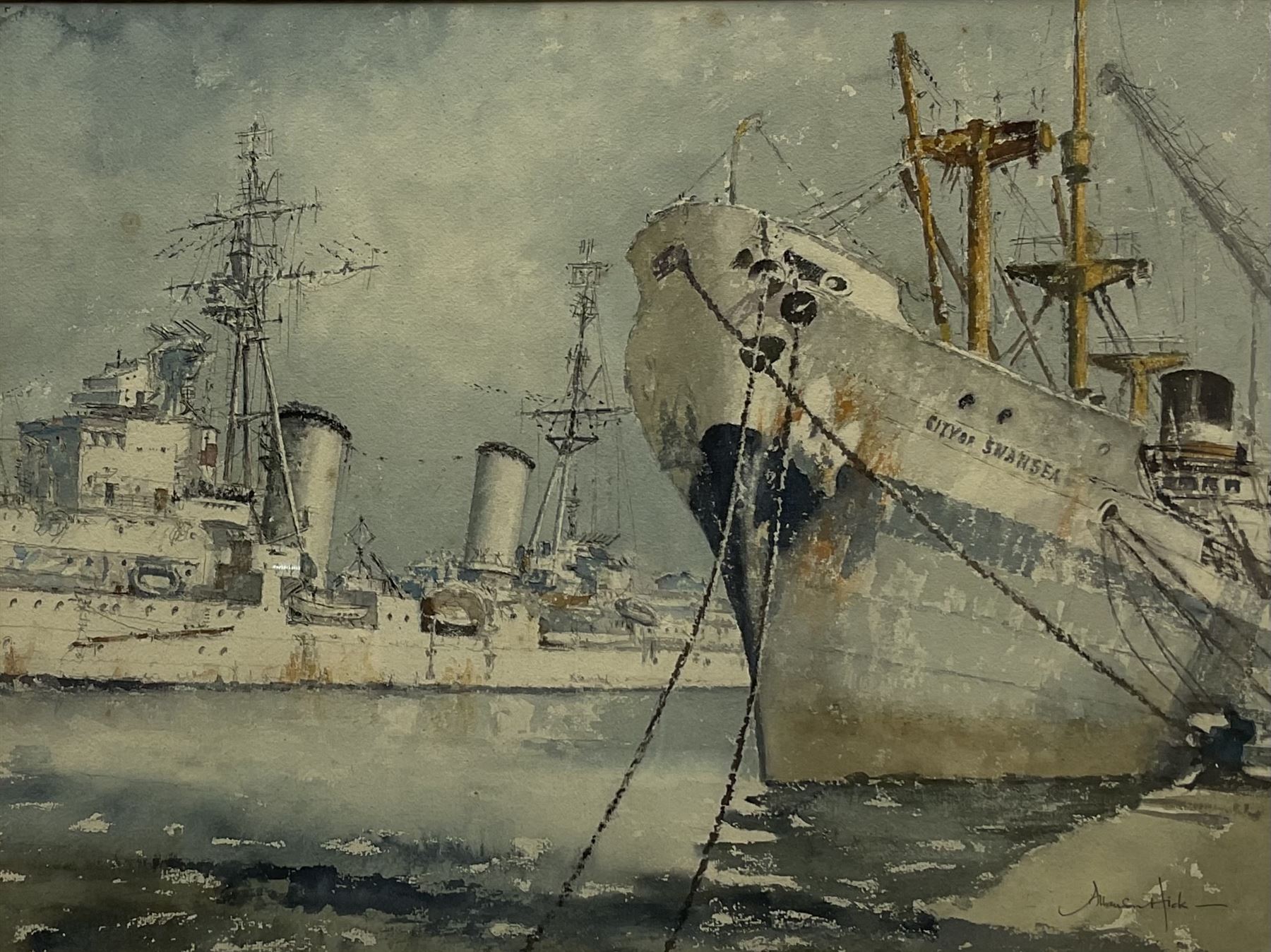 Allanson Hick (British 1898-1975): 'The Scylla' (Dido Class) cruiser in Hull Docks in the company of the Ellerman Lines 'City of Swansea', watercolour signed, titled verso 46cm x 60cm
Provenance: from the collection of the artist Terence Storey (1923-2018)