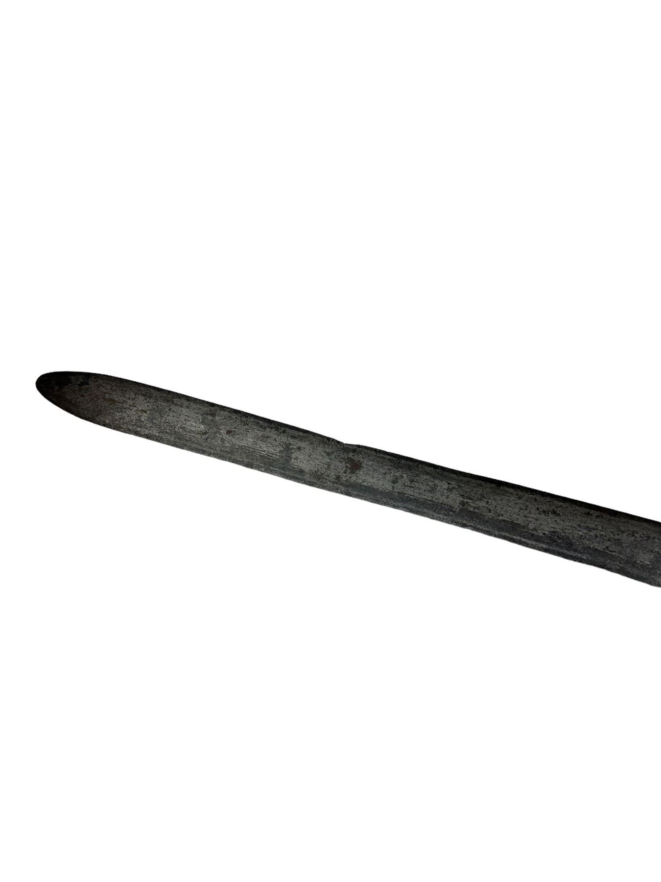 Scottish basket-hilted sword, double-edged blade L95cm cut with three narrow fullers, marked with a pair of crescent moons, L112cm 