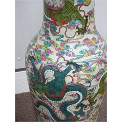  Large pair 20th century Cantonese floor vases, flared rim and tapering cylindrical form, decorated with dragons, H142cm  