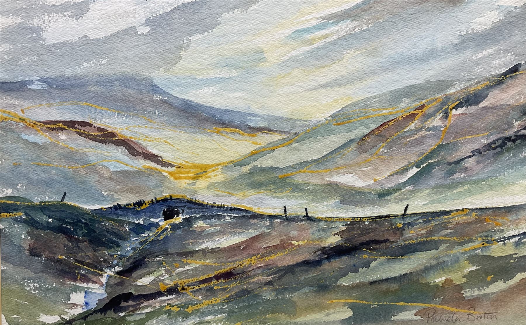Pamela Barton (British Contemporary): 'Landscape Above Malham', watercolour signed and titled 31cm  x 50cm