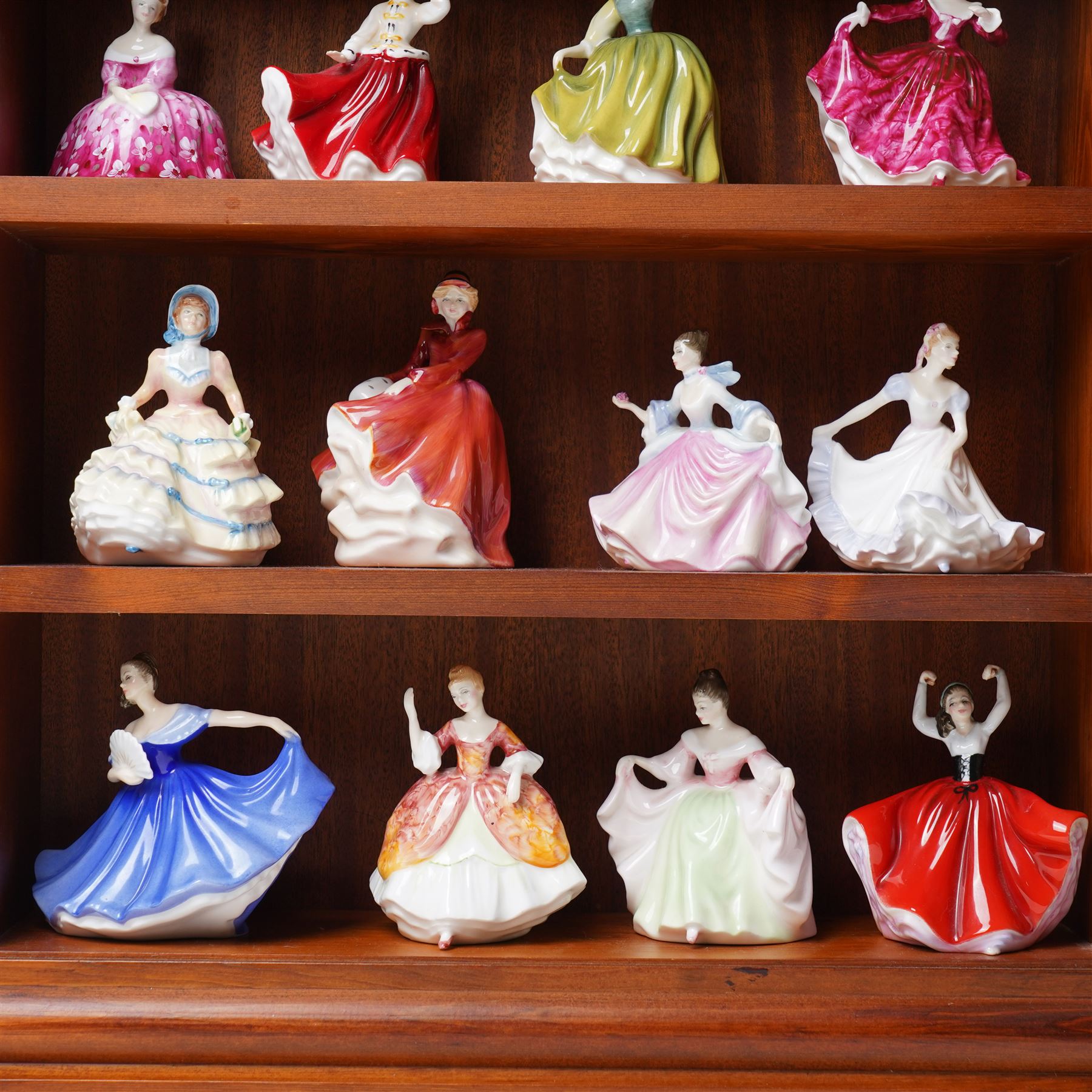 Large collection of miniature Royal Doulton figures, on display shelf, mostly dancing girls, including Karen, Sara, Christine, Elaine, Ninette, Rebecca, Emma, Hannah, etc, and a number of boxes (16) 
