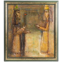 Isupov Vladimir Ilyich (Ukrainian 1939-2023): 'Dialogue (Cain and Abel)', oil on board signed, titled in cyrillic verso 51cm x 45cm 