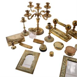 Collection of brassware, including Corinthian column table lamp, candelabra, candlesticks etc 