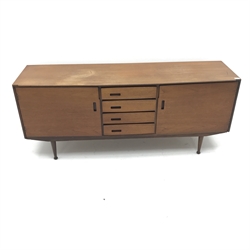  Meredew - 1960s teak sideboard, four drawers flanked by two cupboards, turned tapering supports, W170cm, H72cm, D47cm  