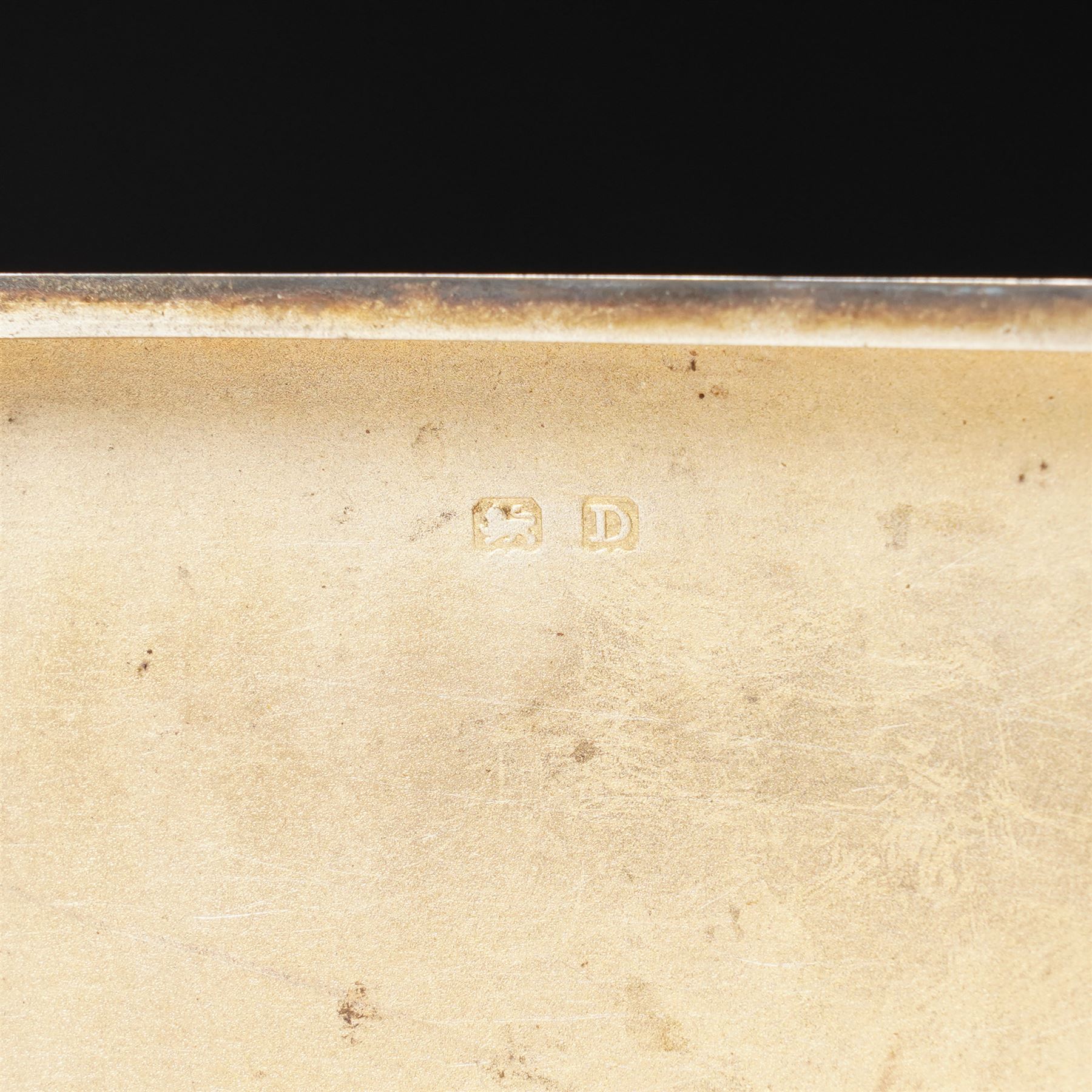 Engine turned silver cigarette case engraved with initials and with gilded interior Birmingham 1928