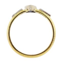 18ct gold pear shape sapphire and tapered baguette diamond ring, hallmarked