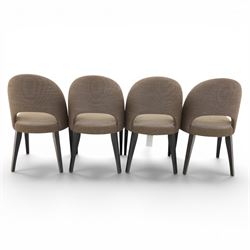 Modern oak extendable table and four chairs, extending top with stowable leaf (Extends to 152cm), chairs with brown upholstery and tapered square legs