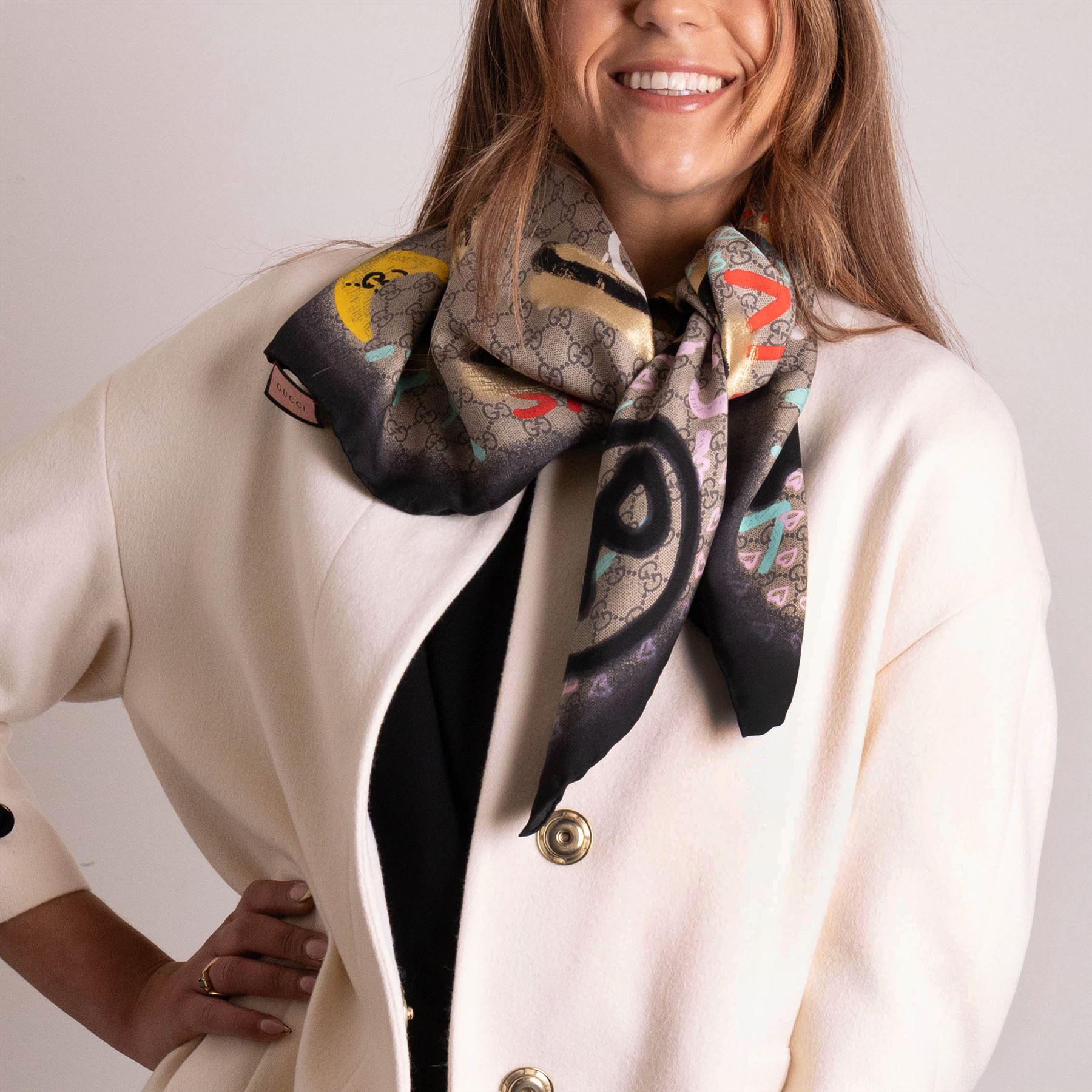 Gucci - 'Gucci Ghost' silk scarf, from the Trouble Andrew collaboration, with graffiti-style logo, heart and signature GG monogram design, 85cm x 85cm, unused with original box and label