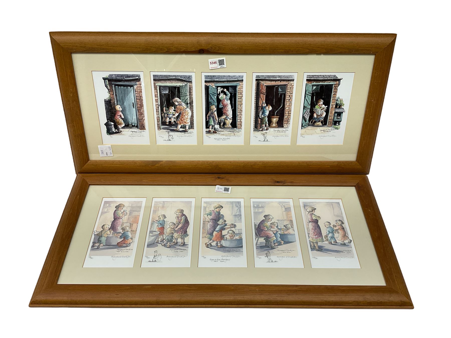 After Margaret Clarkson (British 1941-): 'Wash With Mother' 'Porridge Again' and 'Shoe Shine Boy', three limited edition colour prints signed and numbered together with two more framed prints after the artist each comprising of five limited edition signed colour prints max 28cm x 38cm (5)