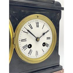 Small Victorian black slate and variegated marble mantel clock, the case with engraved decoration, circular enamel Roman dial, eight day movement by 'Japy Freres' striking the hours and half on bell