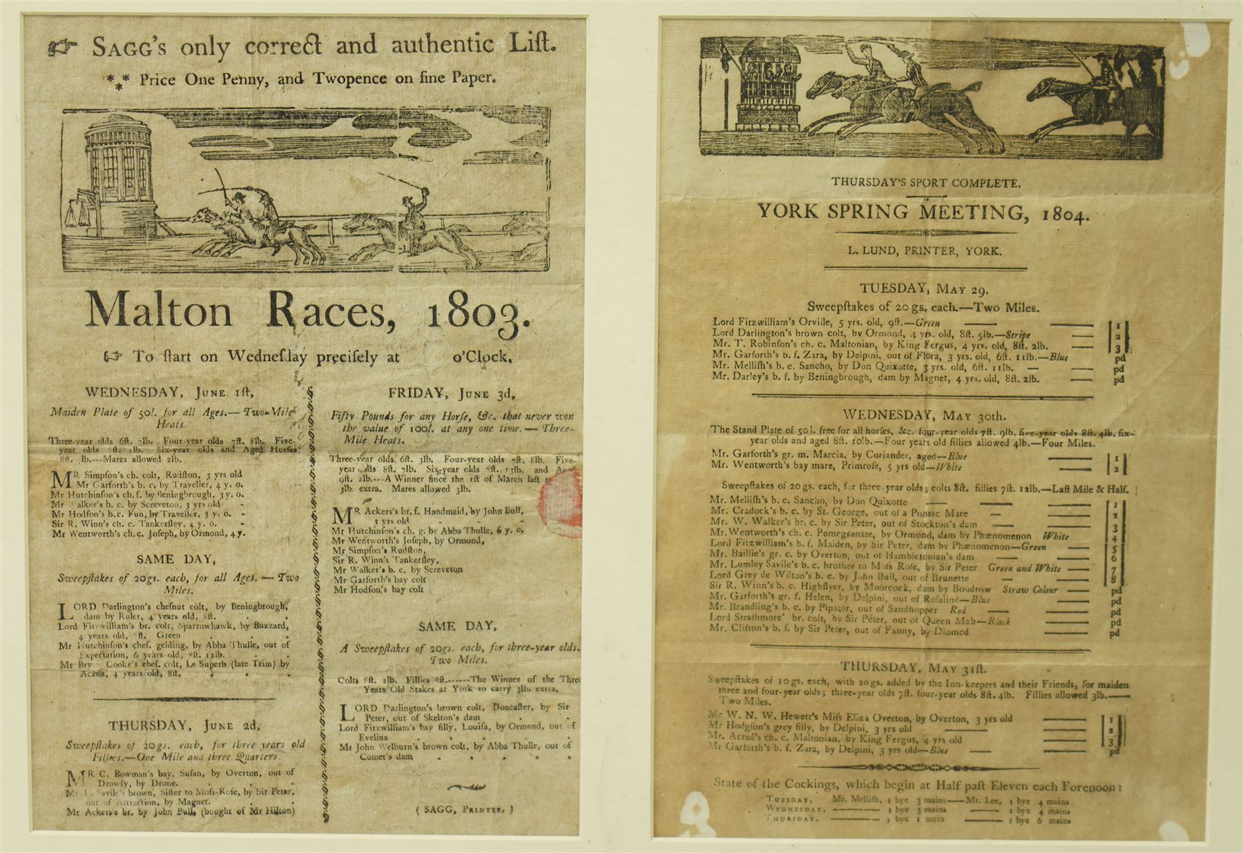 Early 19th century handbill for Malton Races June 1803 'Sagg's only correct and authentic list' with runners and owners 27cm x 18cm, another for 'Boroughbridge Races October 1782', another 'Preston Races July 1799', another 'Doncaster Races September 1802' and another 'York Spring Meeting 1802' in one frame 41cm x 116cm 
Provenance: property of a Nobleman