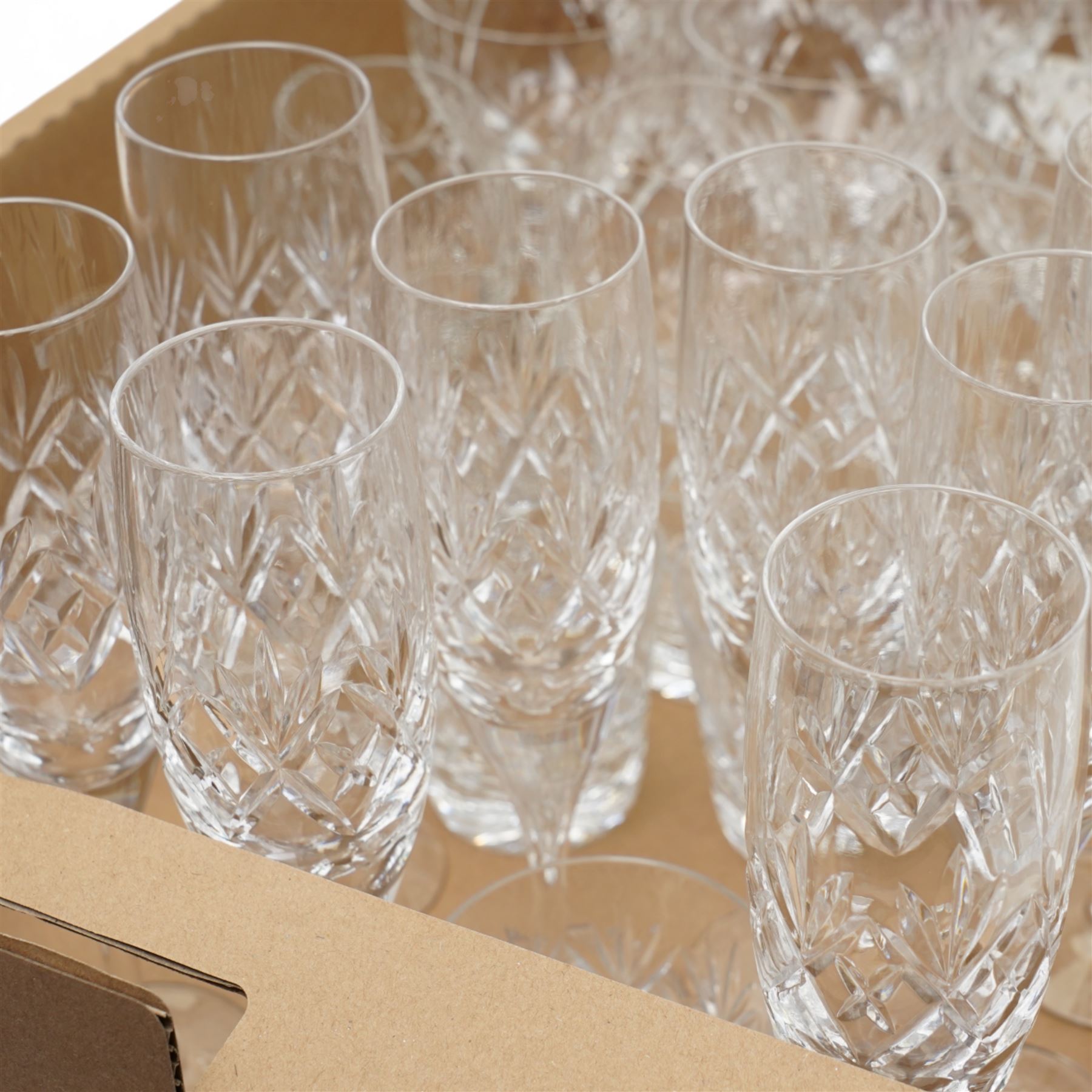 Quantity of Webb Corbett cut table glass including ten small tumblers, six claret glasses, brandy balloons etc and eight Royal Doulton champagne flutes