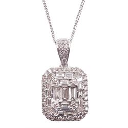 White gold baguette and round brilliant cut diamond pendant, with diamond set bail, hallmarked 9ct, on a silver chain, total diamond weight 2.25 carat
