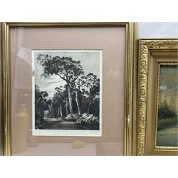 Three oil paintings and two etchings, faintly or indistinctly signed, largest 28cm x 39cm (5)