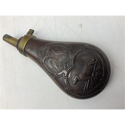Sykes Patent adjustable swivel copper/brass rifle powder flask embossed with stiff leaves H19cm; and two modern reproduction powder flasks (3)