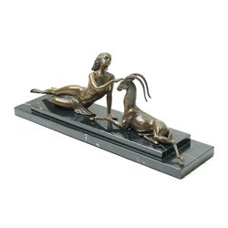 After Pierre Le Faguays (French 1892-1962): 'The Seduction' - Diana with Gazelle, bronze signed Milo, on two tier base, overall W48cm 