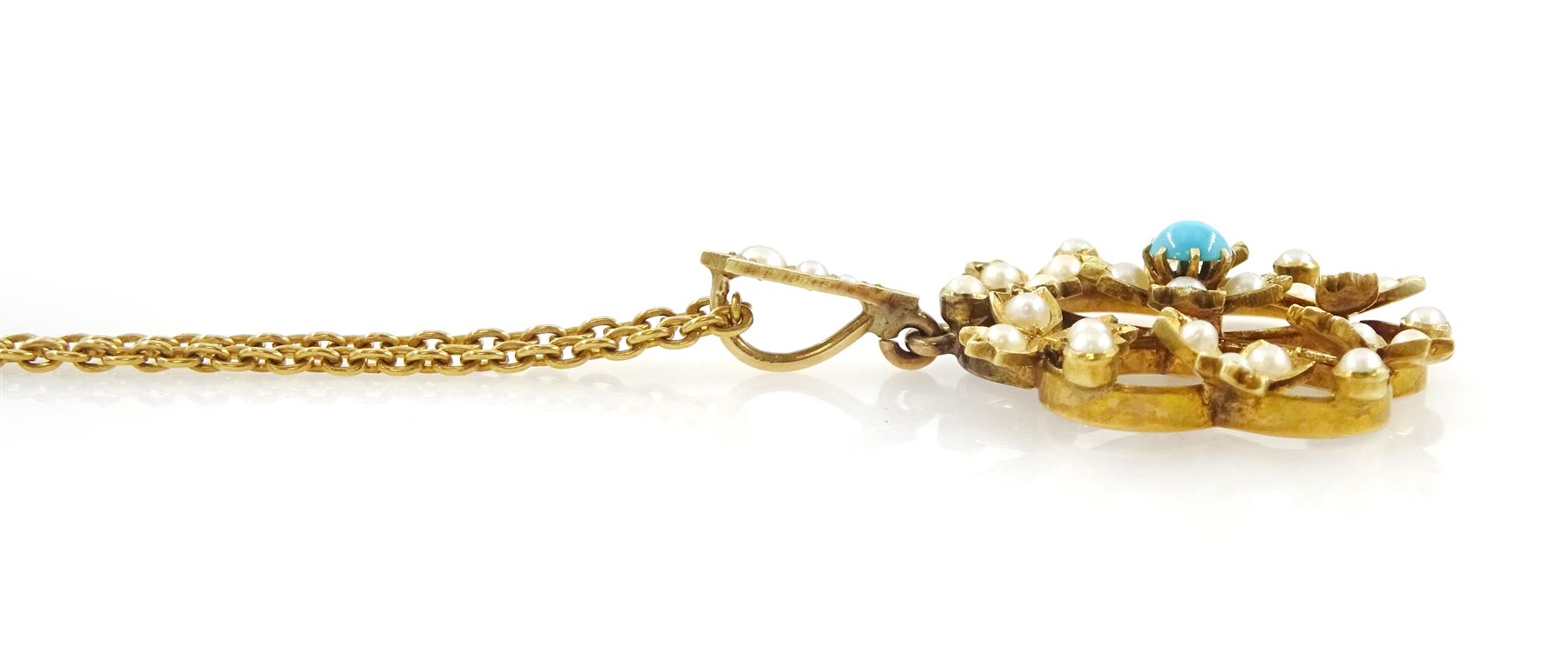 Edwardian gold turquoise and split pearl foliate pendant necklace, both stamped 15ct