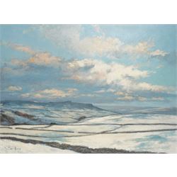 William Burns (Northern British 1923-2010): 'Derbyshire Winter - Higger Tor', oil on board signed, inscribed verso 45cm x 61cm (unframed)
