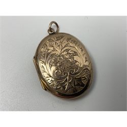 Victorian and later 9ct gold jewellery including glazed photo pendant, three gold cased wristwatches, signet ring and a cameo brooch, all hallmarked and silver jewellery including fobs, wristwatch, brooches and rings etc 