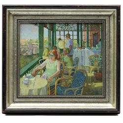 Jennifer Percival (British 20th Century): 'Edna Relaxing', oil on board faintly signed with initials, titled verso 25cm x 29cm 