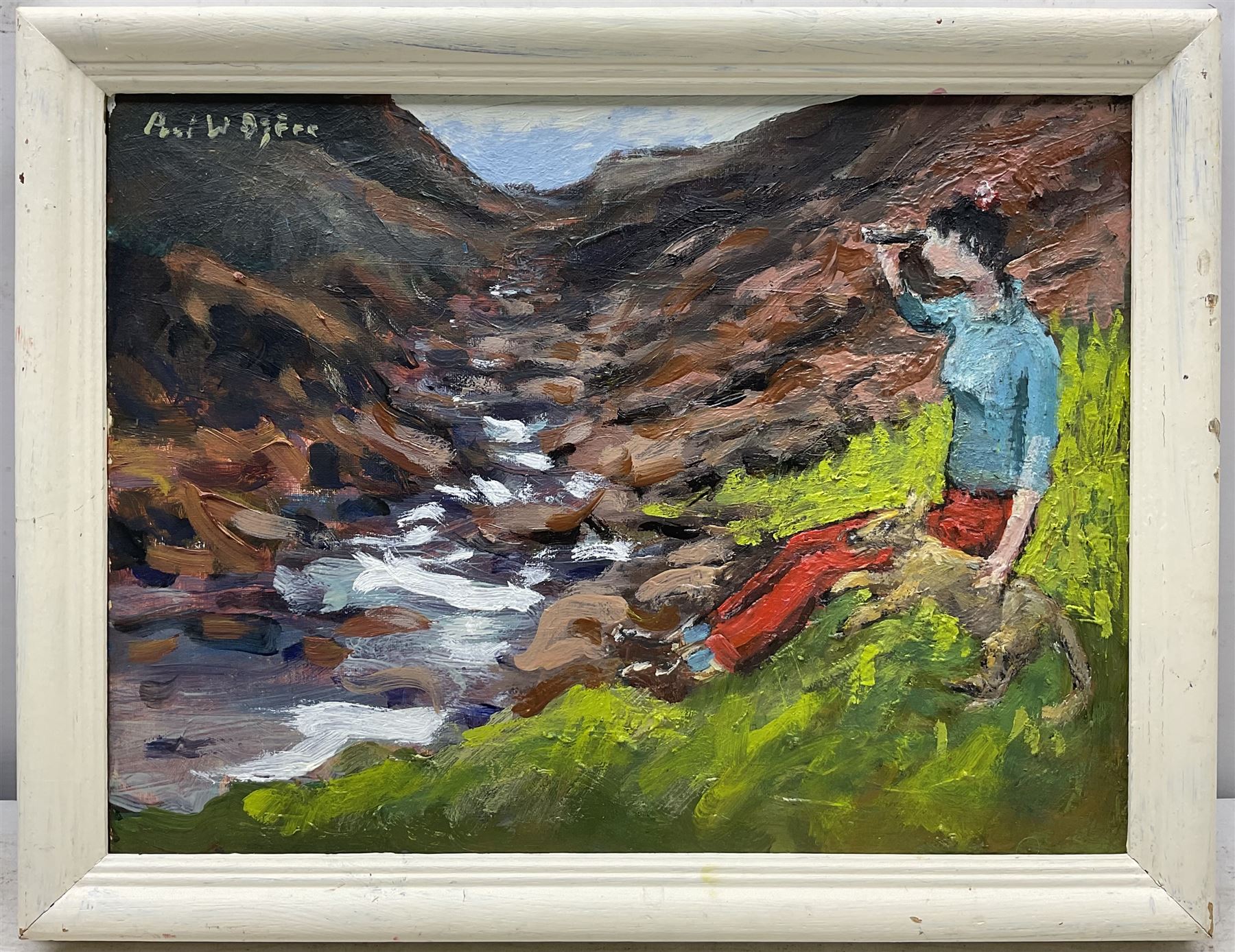 Paul W Ozere (Cornish 20th century):  Adam and Eve, Bathers, View Towards the City, Breaking the Bank, Beneath the Wave and Watcher, six oils on canvas signed max 39cm x 39cm (6)