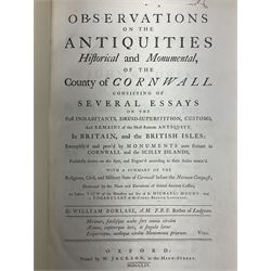 William Borlase; Observations on the Antiquities Historical and Monumental of the County of Cornwall, 1754, printed by W. Jackson, High Street, Oxford, leather bound iwth gilt detailing and lettering to spine