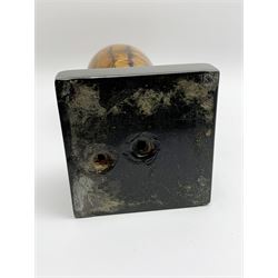 Early 19th century and later Blue John urn, Winnats one vein, of ovoid form with integrated cover and ball finial, upon a spreading circular base, and square stepped black lacquered base, H34.5cm