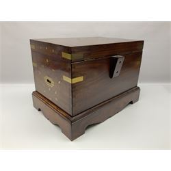 Eastern brass inlaid hardwood chest, with inset bass handles the hinged lid opening to reveal and removable tray, H34cm