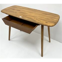 Ercol light elm and beech desk, curved rectangular top over single drawer, splayed supports