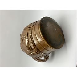 19th century salt glazed stoneware jug, with mask spout and greyhound modelled handle, the body decorated in relief with Royal Coat of Arms flanked by lions, the rim with the flowers of the union, roses, thistles and shamrocks, H26.5cm